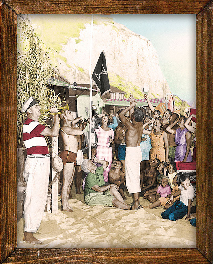 Wood-framed vintage beach scene of a trumpet player and beachgoers celebrating beneath the martini flag.