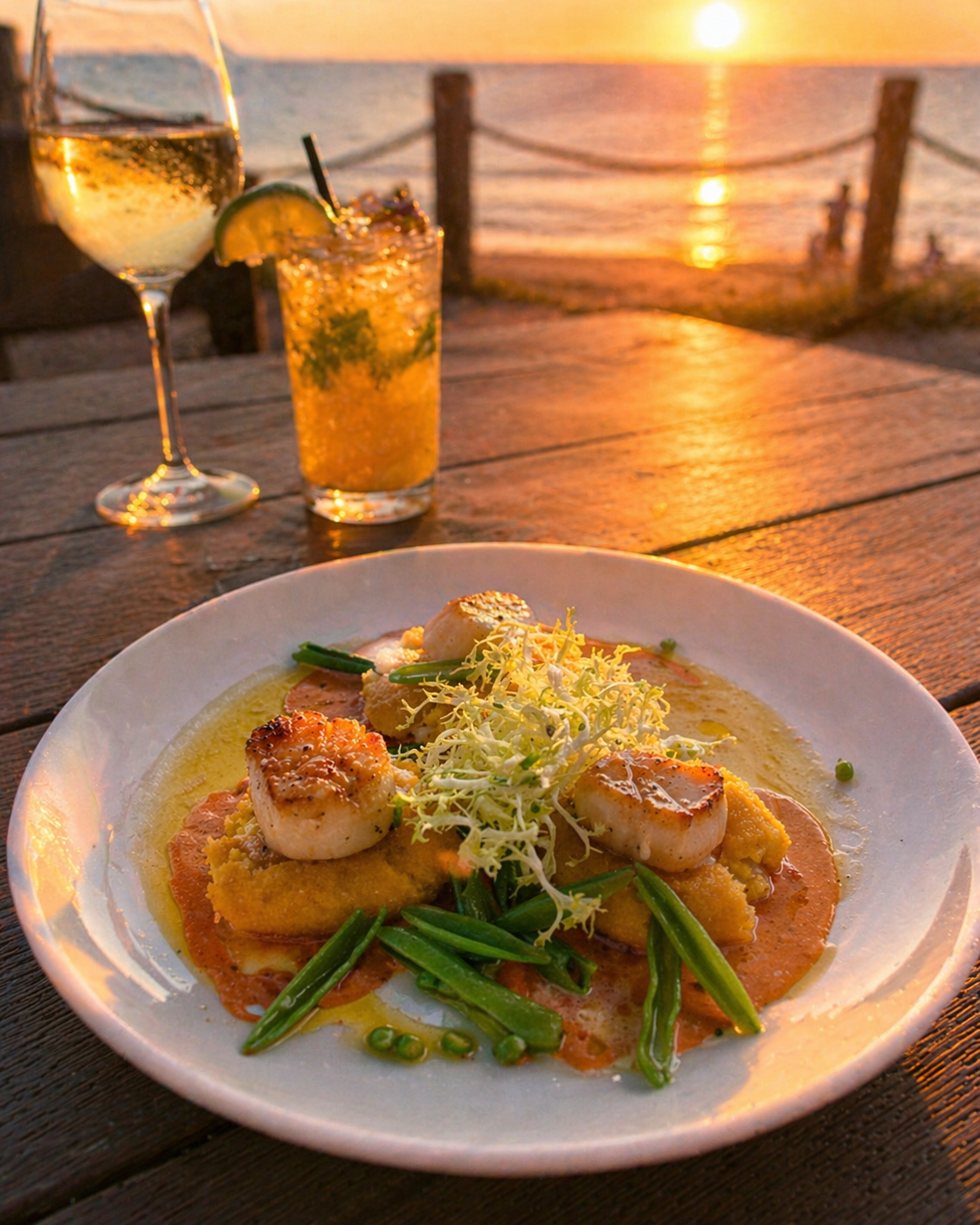 Seared scallops served with vegetables at The Beachcomber.