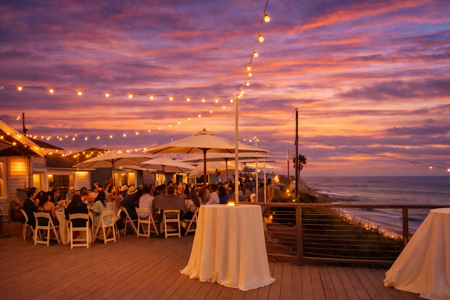 Guests dining on the Cultural Center deck overlooking the ocean.