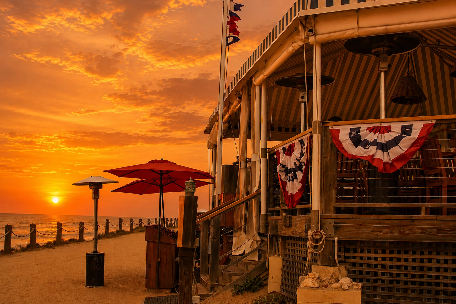The Beachcomber oceanfront patio beneath a golden sunset.
