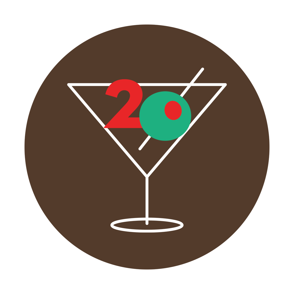 Beachcomber 20th anniversary martini-glass and olive emblem.